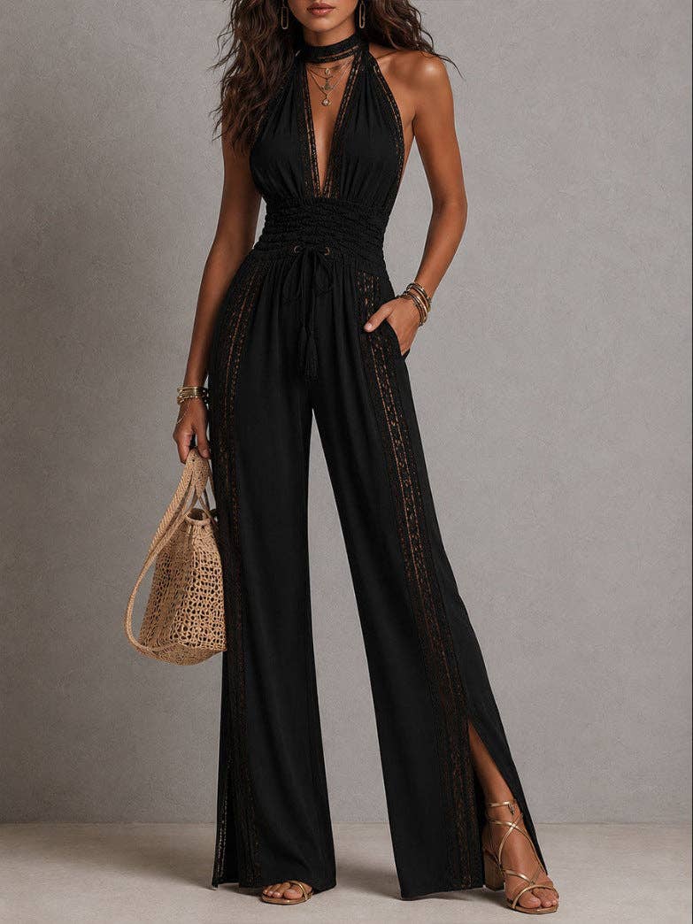 Bohemian Lace Deep V-Neck Jumpsuit with Wide Legs