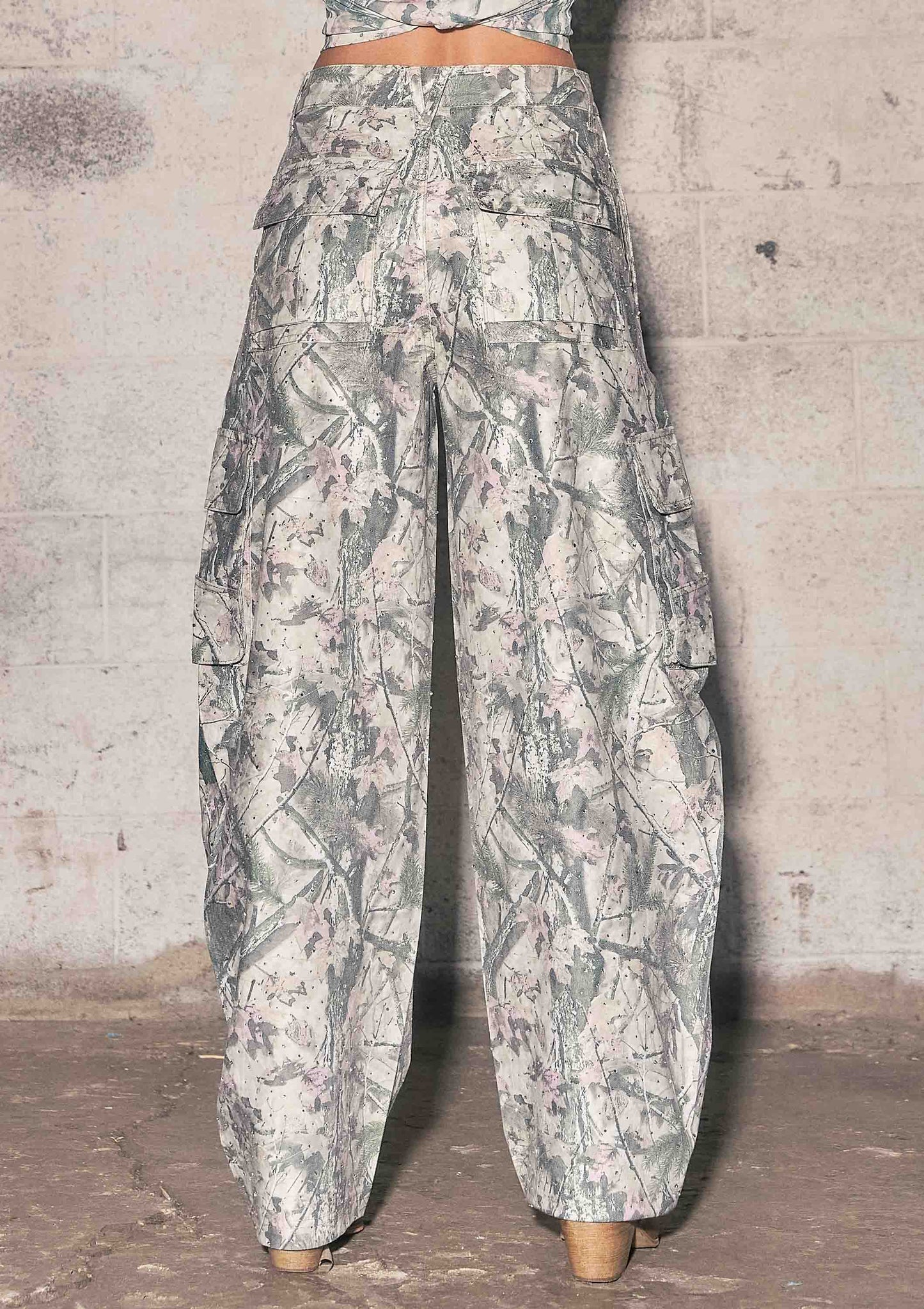 Rhinestone Camo Print Baggy Barrel Jeans