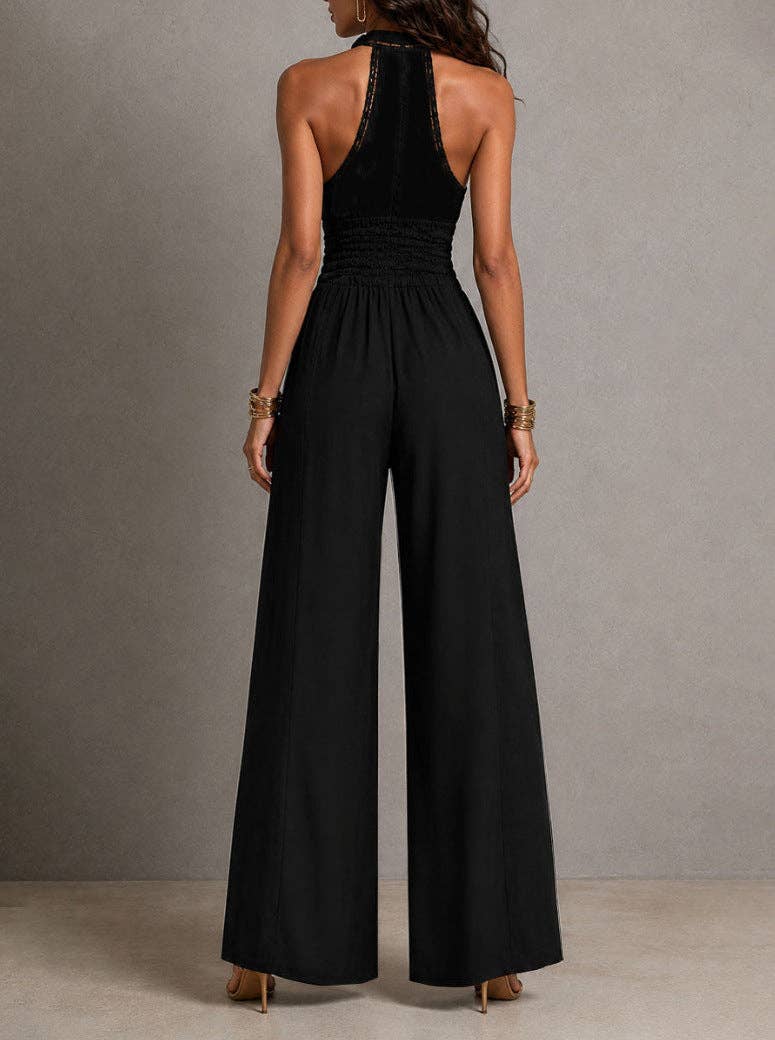 Bohemian Lace Deep V-Neck Jumpsuit with Wide Legs