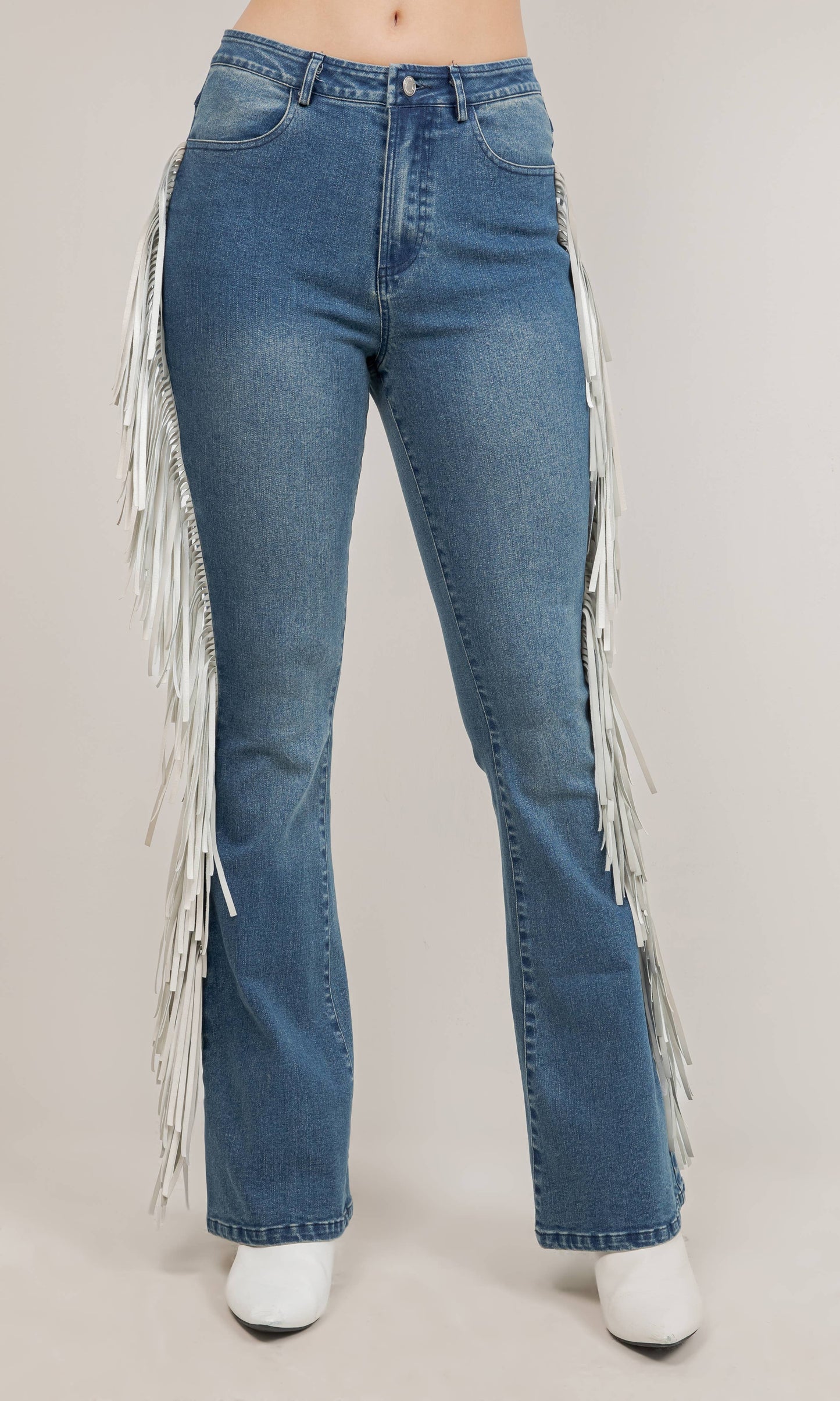 LEXI BELLE MEDIUM WASH FRINGE DENIM PANTS
