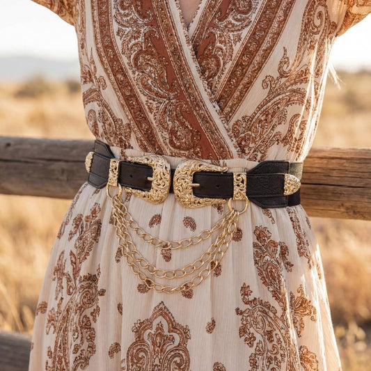 Double Buckle Chain Leather Belt