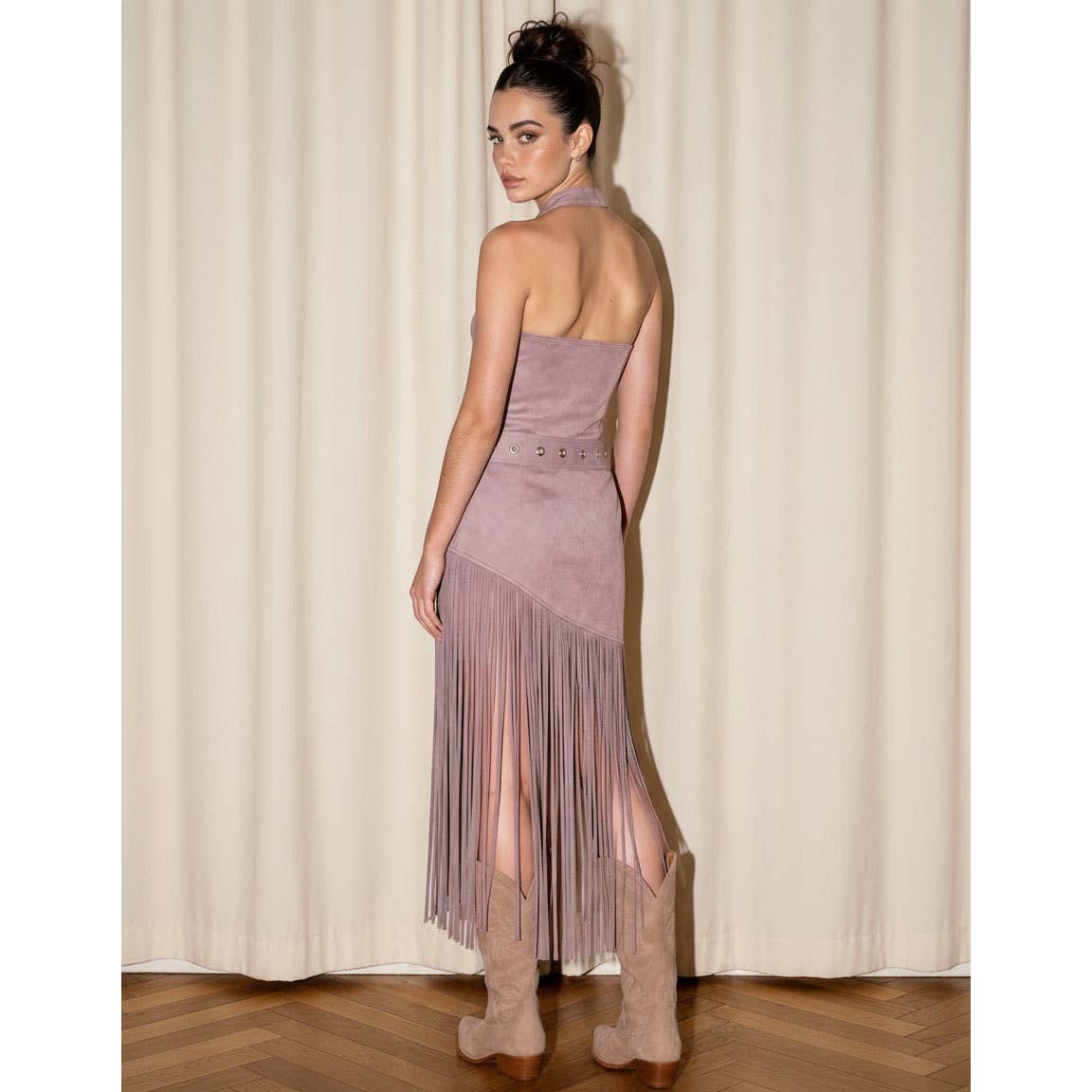 DESERT ROSE HALTER FRINGE DRESS