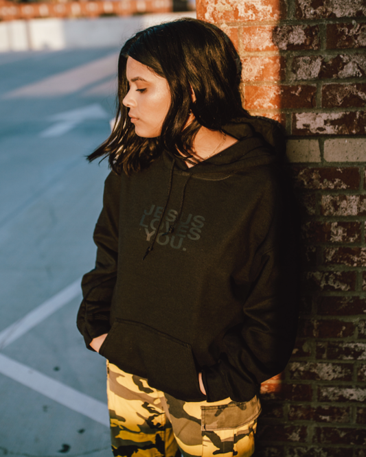 Jesus Loves You Black on Black Hoodie