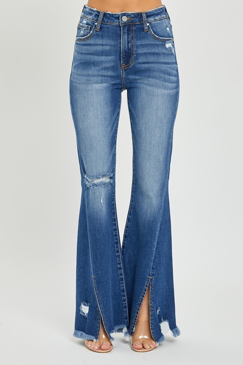 RISEN High Rise Front Slit Frayed Hem Flare Jeans *Online Only*