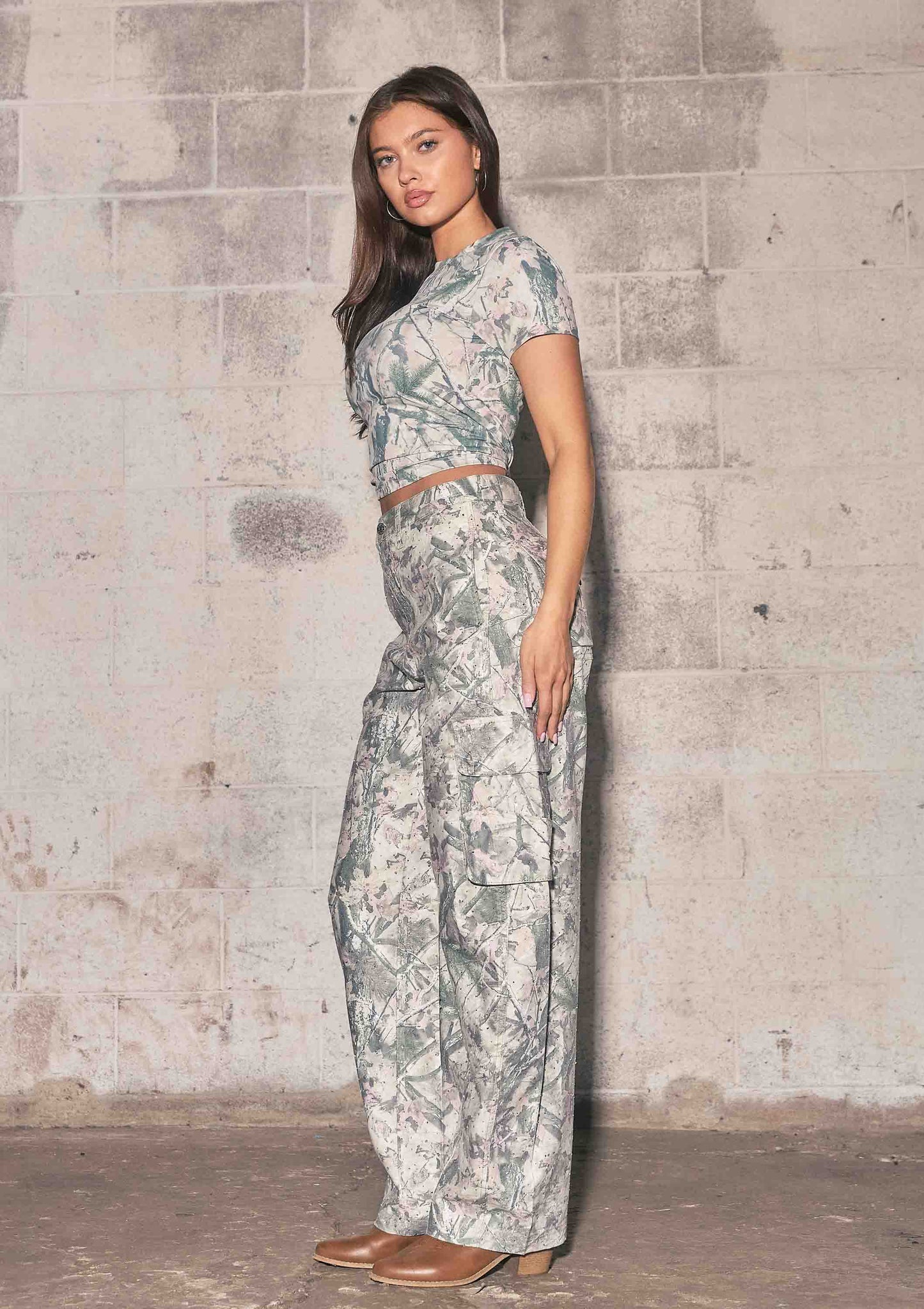 Rhinestone Camo Print Baggy Barrel Jeans