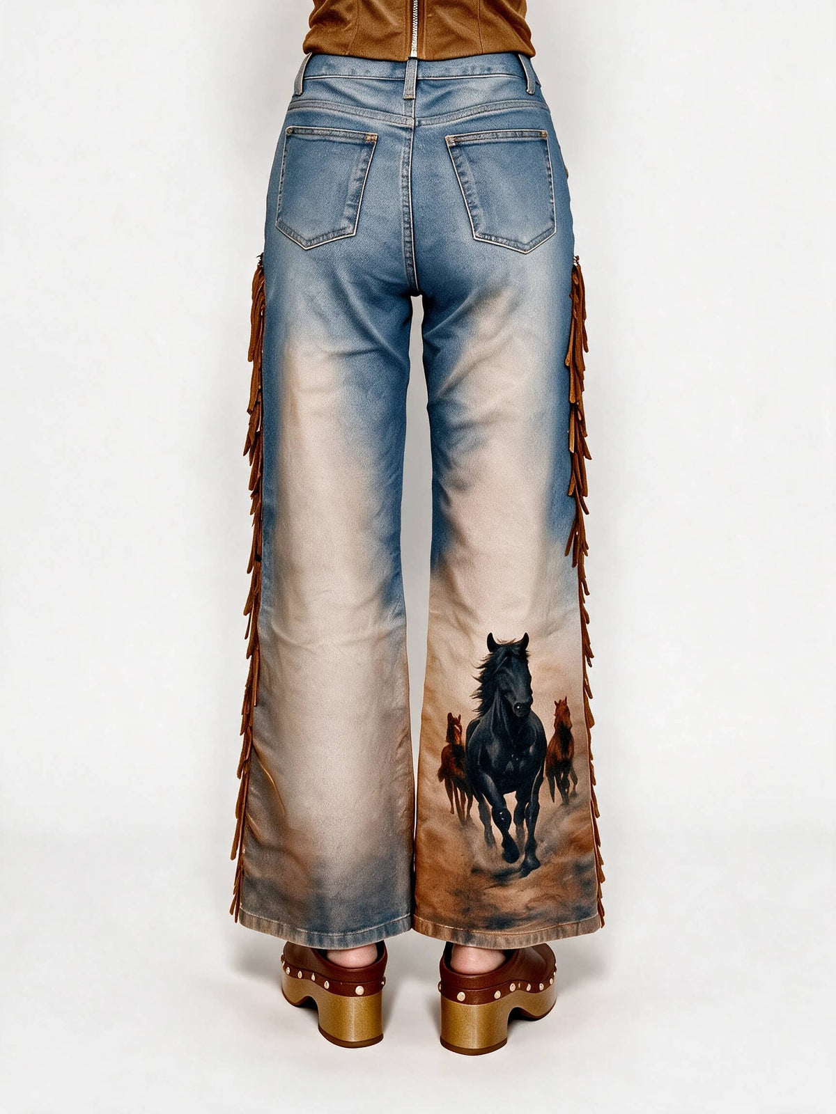 Western Horse Print Fringe Wide Leg Jeans