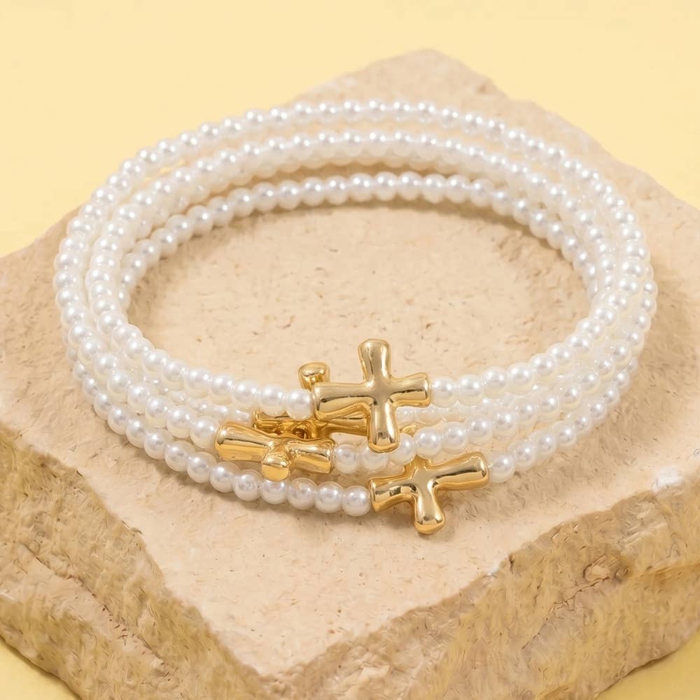 Pearl Strand Cross Bead Bracelet Set