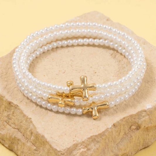 Pearl Strand Cross Bead Bracelet Set
