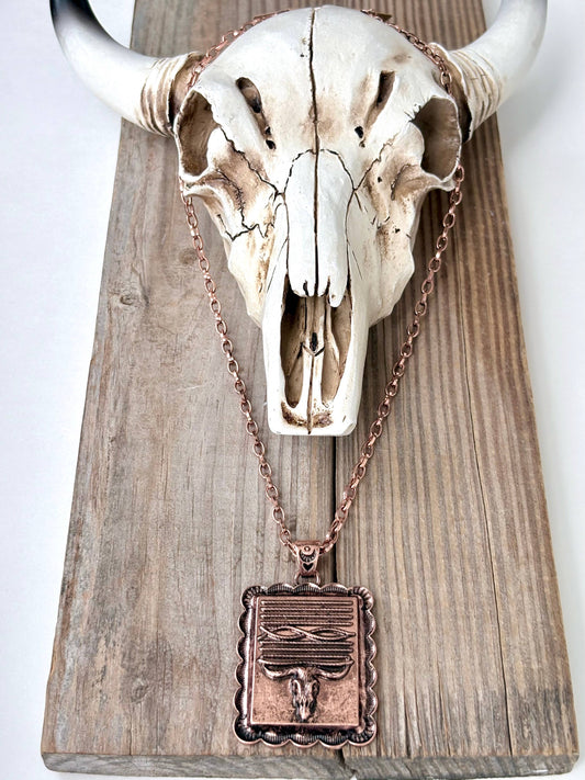 Western Style Steerhead Rectangle Pendant Necklace