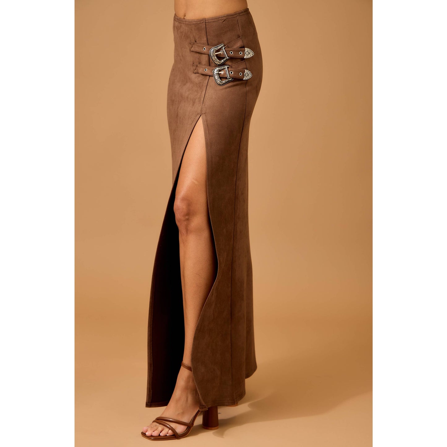 Western Faux Suede Maxi Skirt with High Slit