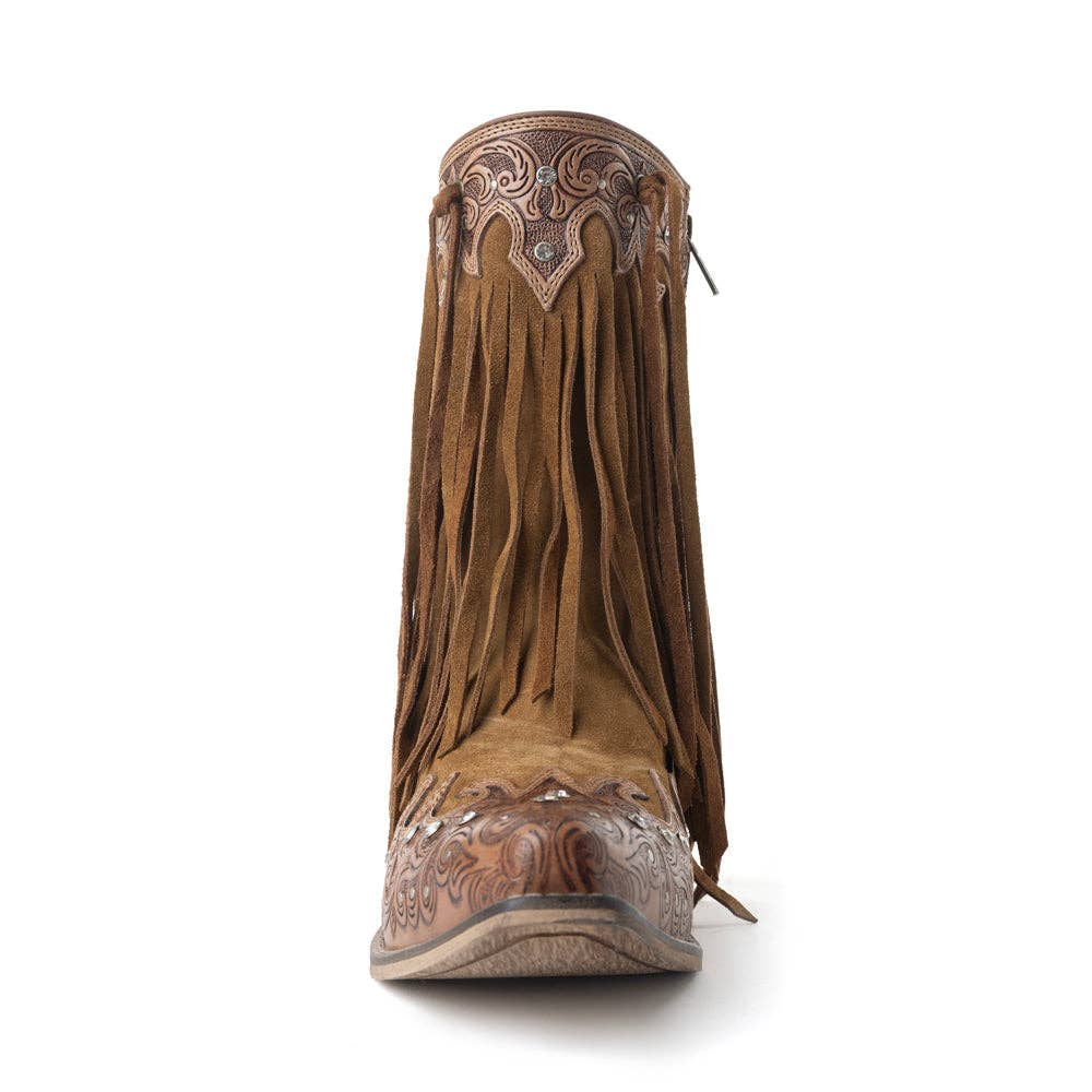 Goldrush Gleam Fringed Handtooled Leather Boots in Dusty Oak
