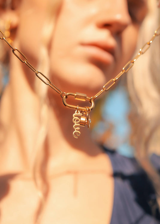18K PVD Gold Carabiner "Love" Paperclip Charm Necklace