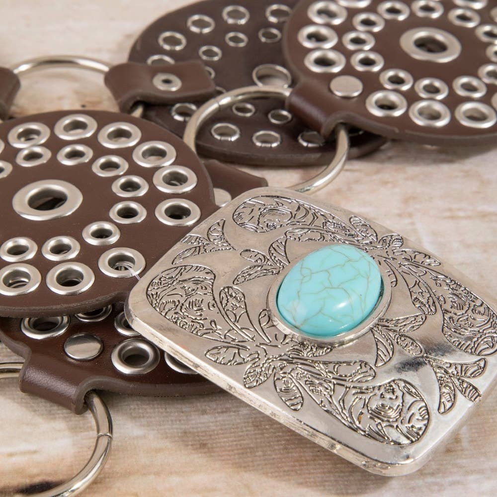 Vegan Leather Studded Disc Engraved Buckle Chain Belt