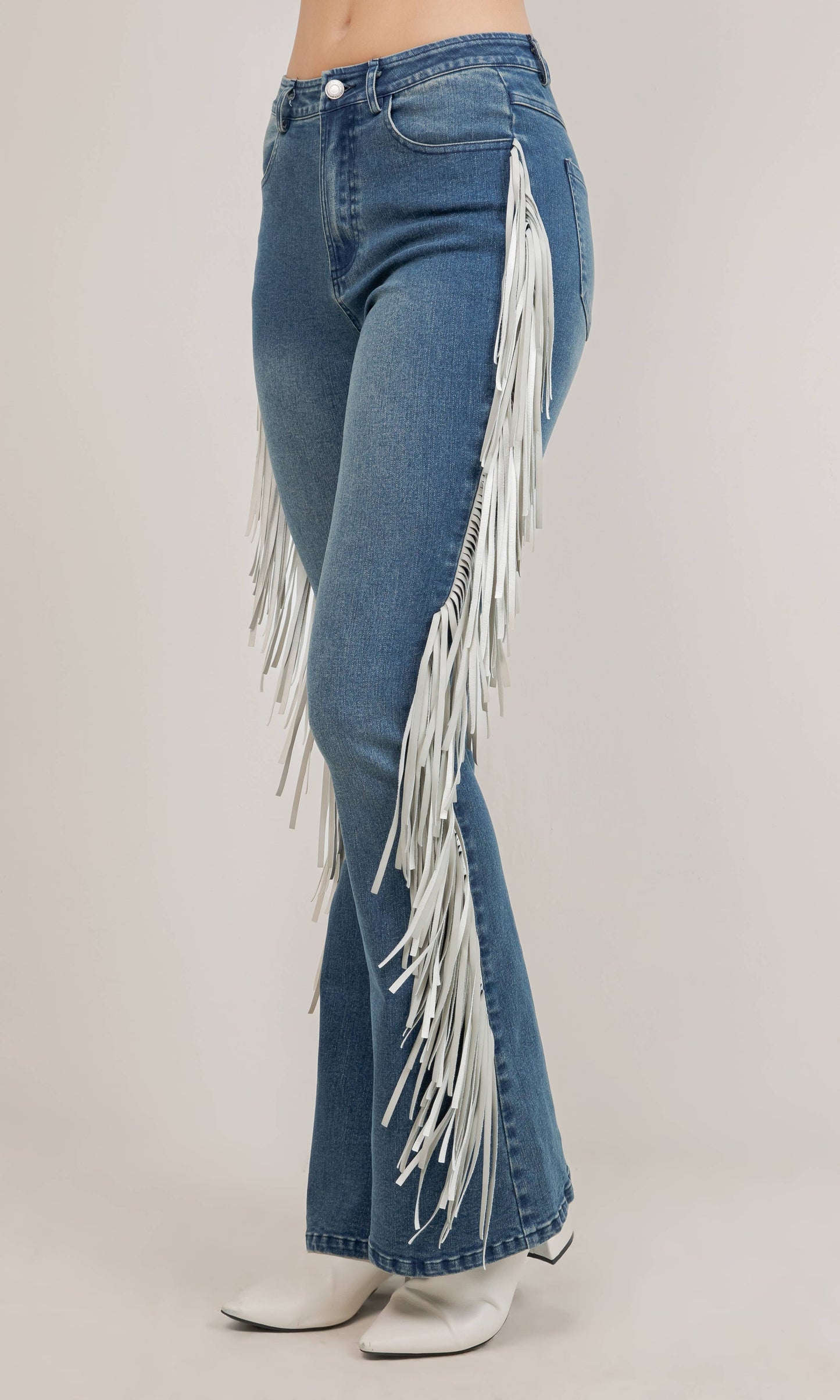 LEXI BELLE MEDIUM WASH FRINGE DENIM PANTS