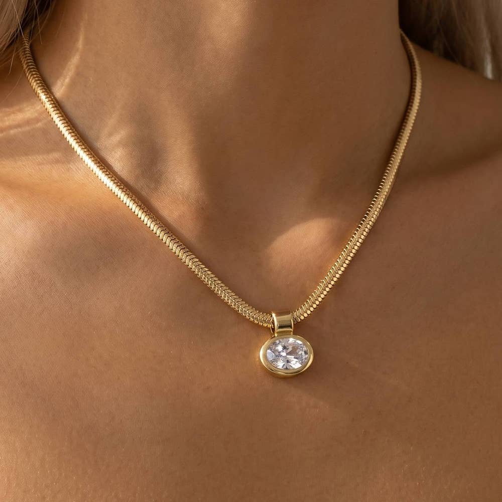 Oval Bezel Cz Snake Chain Necklace
