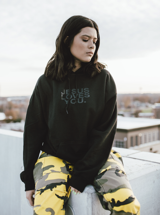 Jesus Loves You Black on Black Hoodie