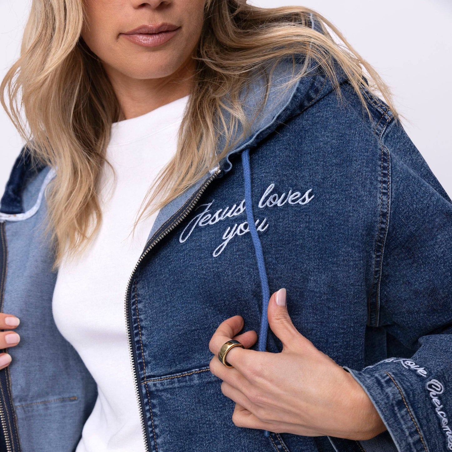 Vintage Washed Jesus Loves You Denim Hoodie