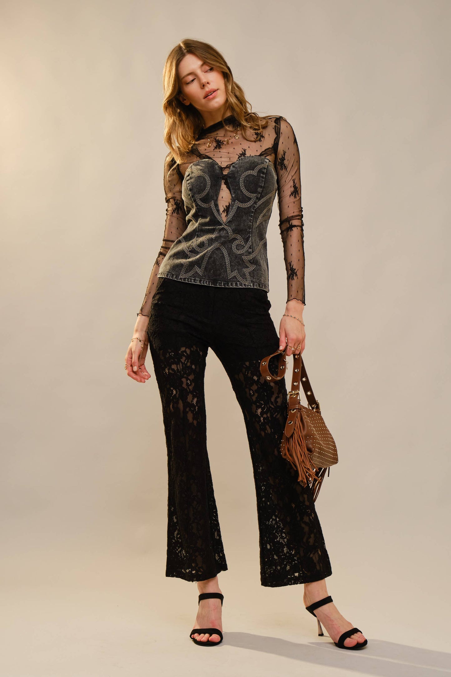Country Sweetheart Cutout Embroidery Denim Top