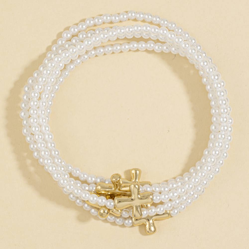 Pearl Strand Cross Bead Bracelet Set