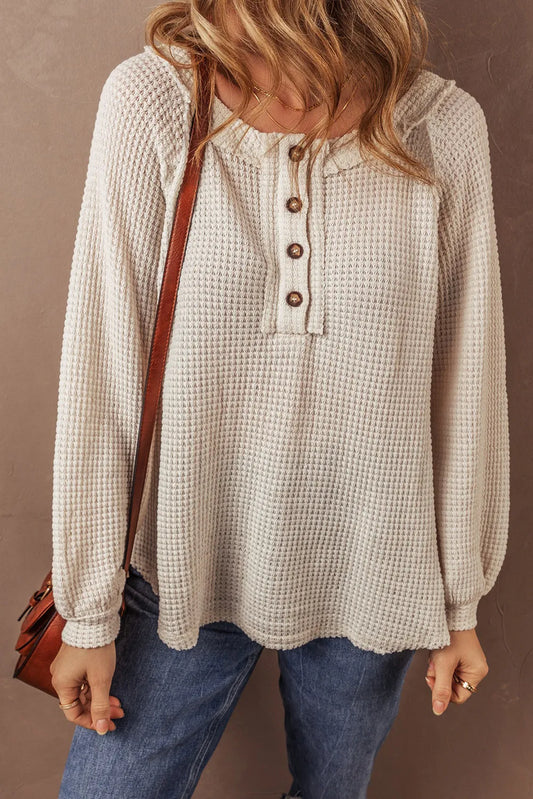 Waffle-Knit Half Button Round Neck Long Sleeve Top *Online Only*