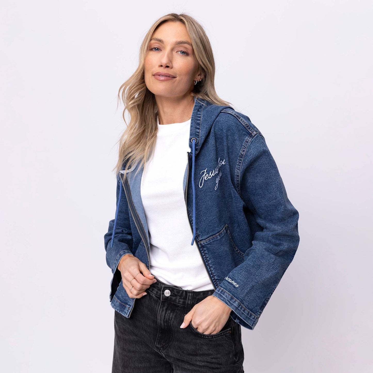 Vintage Washed Jesus Loves You Denim Hoodie