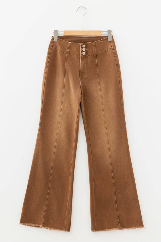 OMG! Solid Buttoned High Waist Raw Hem Flare Jeans