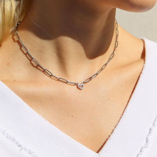 18K Gold PVD Stainless Steel  "Heart" Paperclip Necklace