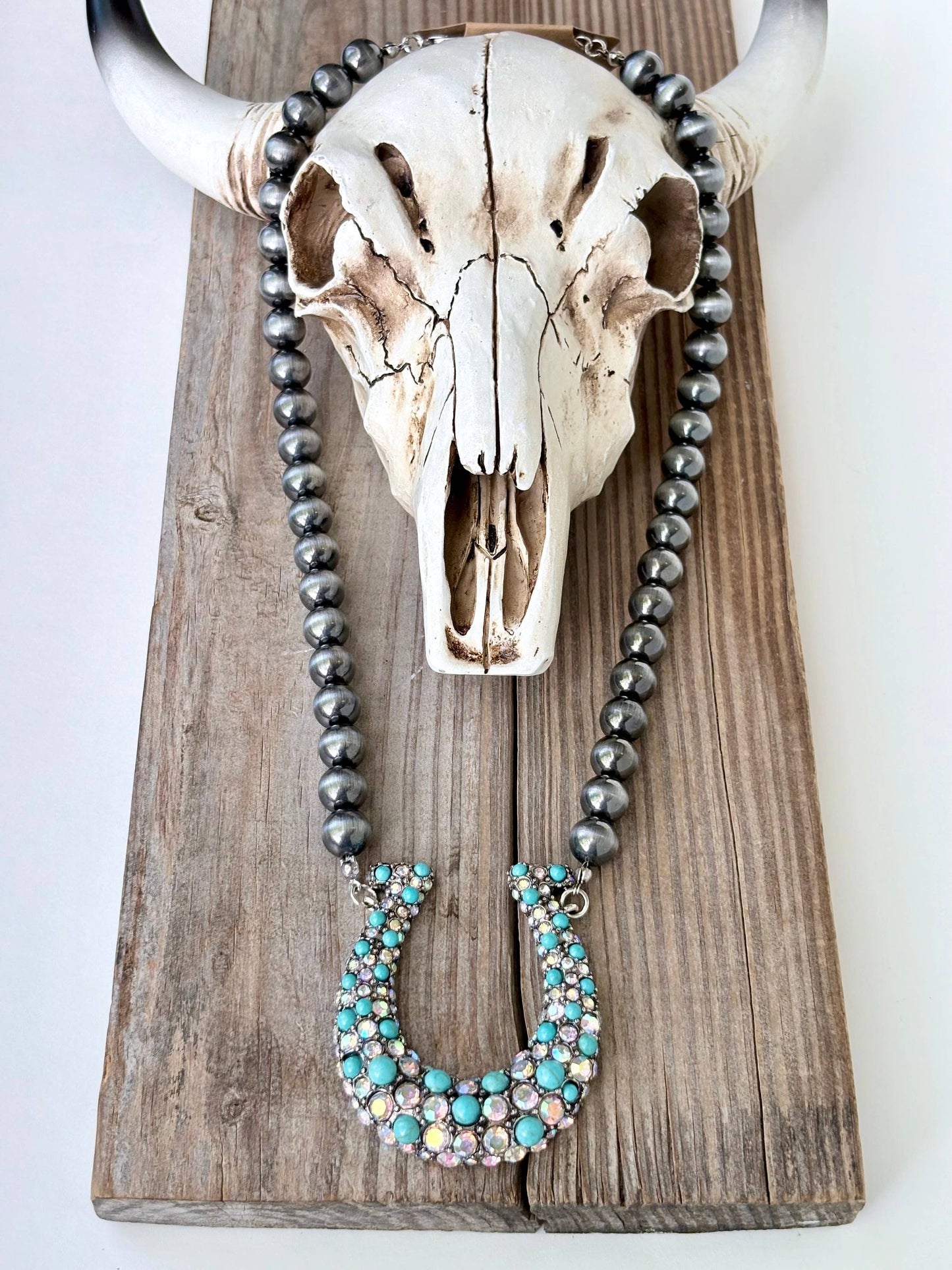 Western Navajo Pearl Rhinestone Horseshoe Necklace