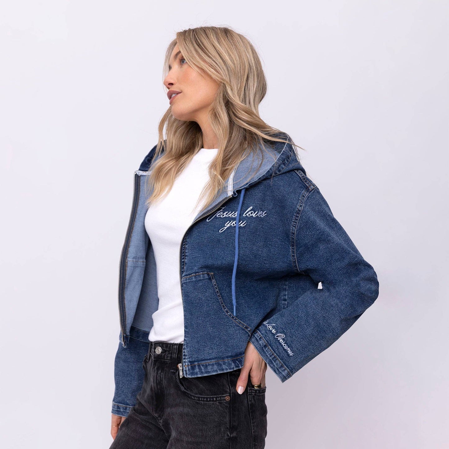 Vintage Washed Jesus Loves You Denim Hoodie