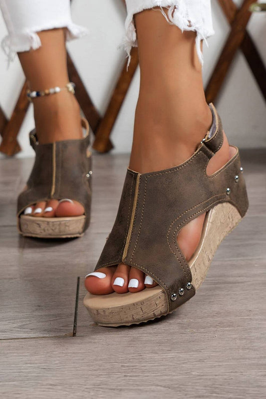 Suede Patched Studded Cut Out Wedge Sandals