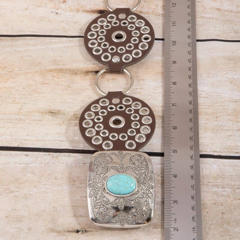 Vegan Leather Studded Disc Engraved Buckle Chain Belt