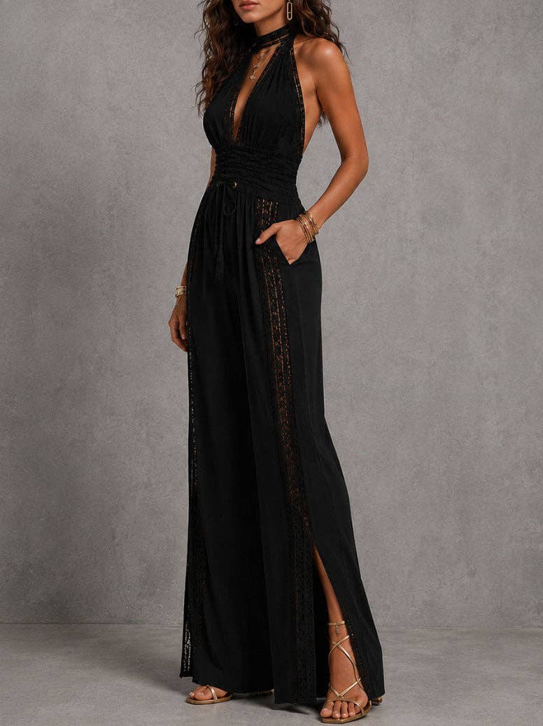 Bohemian Lace Deep V-Neck Jumpsuit with Wide Legs