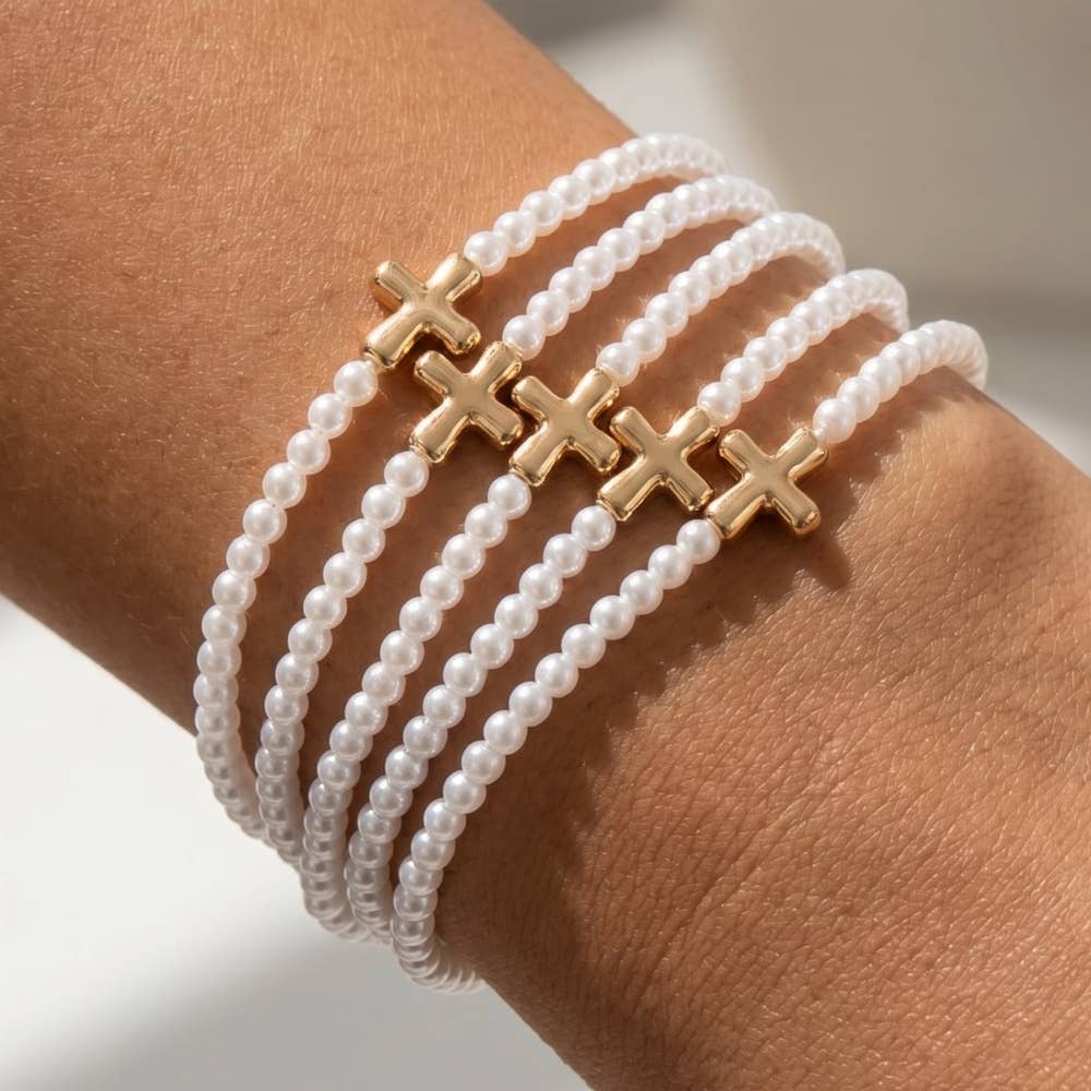 Pearl Strand Cross Bead Bracelet Set